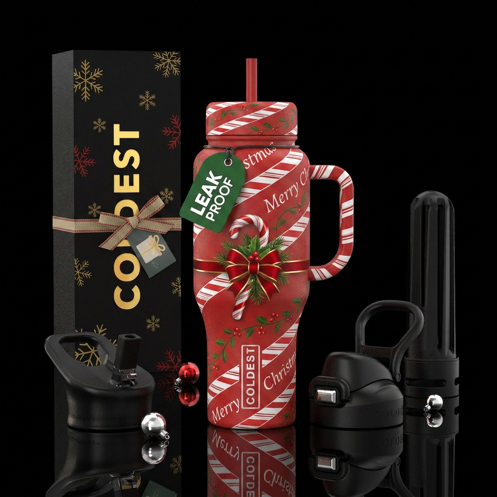 A Candy Cane, bow, Merry Christmas water bottle design