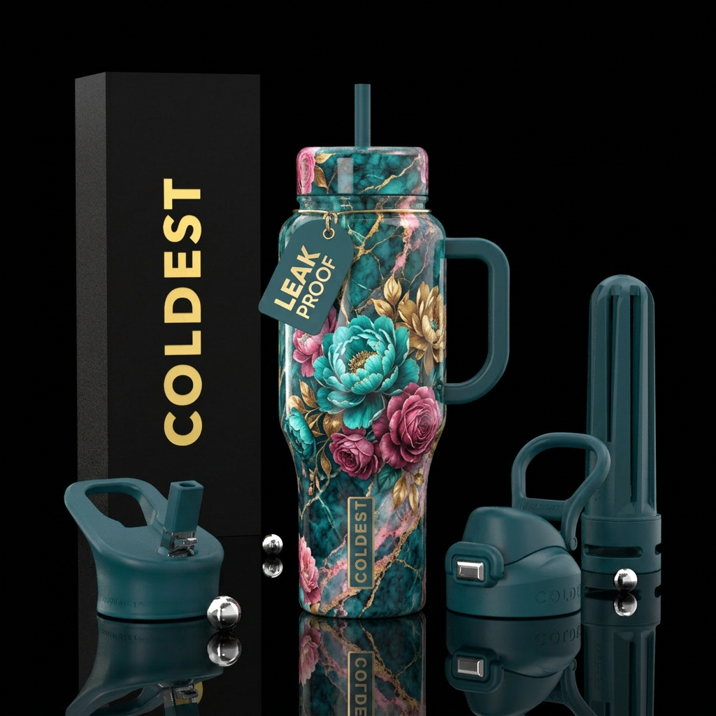Marble with matching flowers water bottle design
