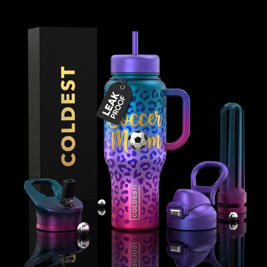 Ombre colorful leopard, ball as the O in Mom,  Soc... water bottle design