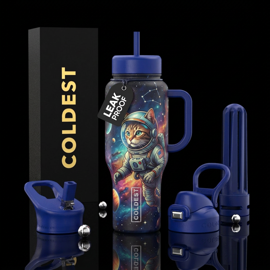 Cat in a space hat water bottle design