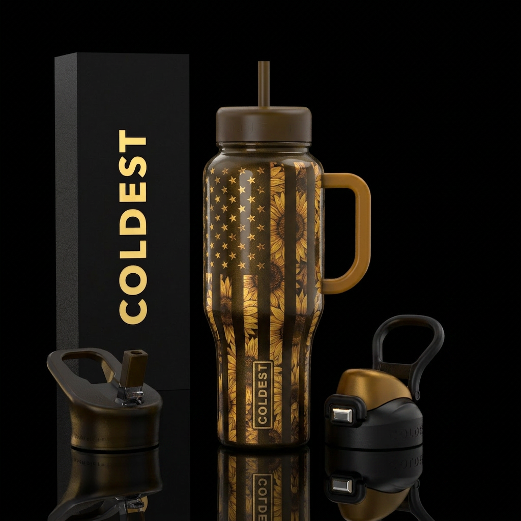 Gold Brown American flag with sunflowers water bottle design