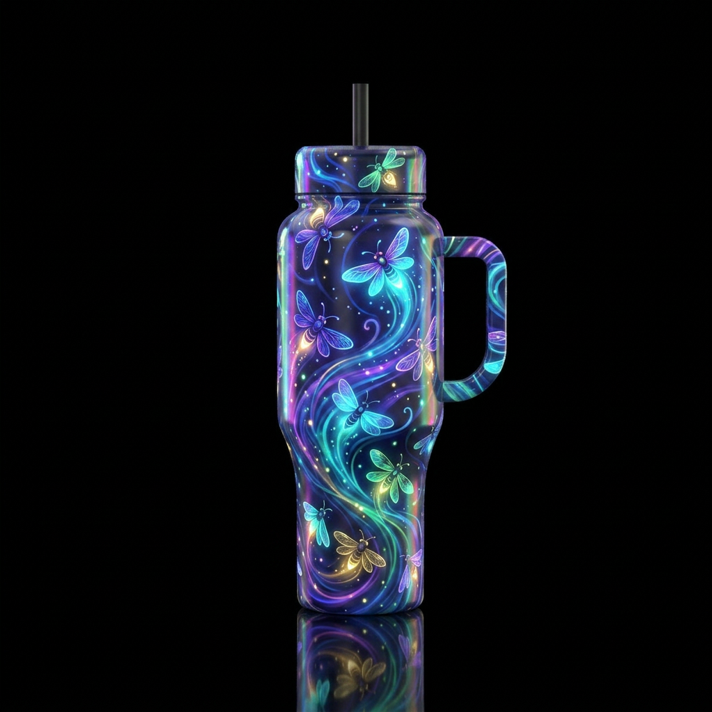 Fireflies, swirls, glowie, modern, beautiul, water bottle design