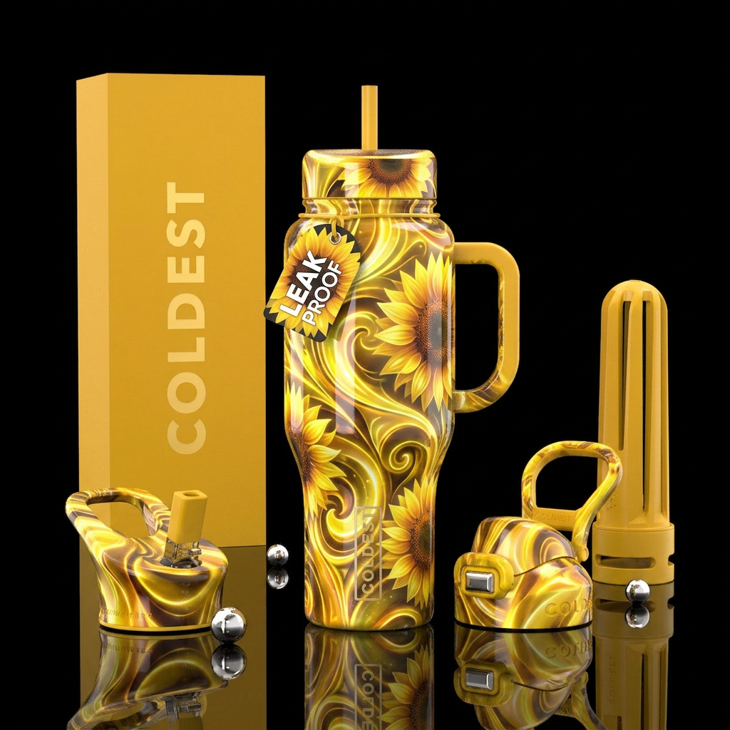 Sunflowers, Glowie, modern,swirls, shine water bottle design