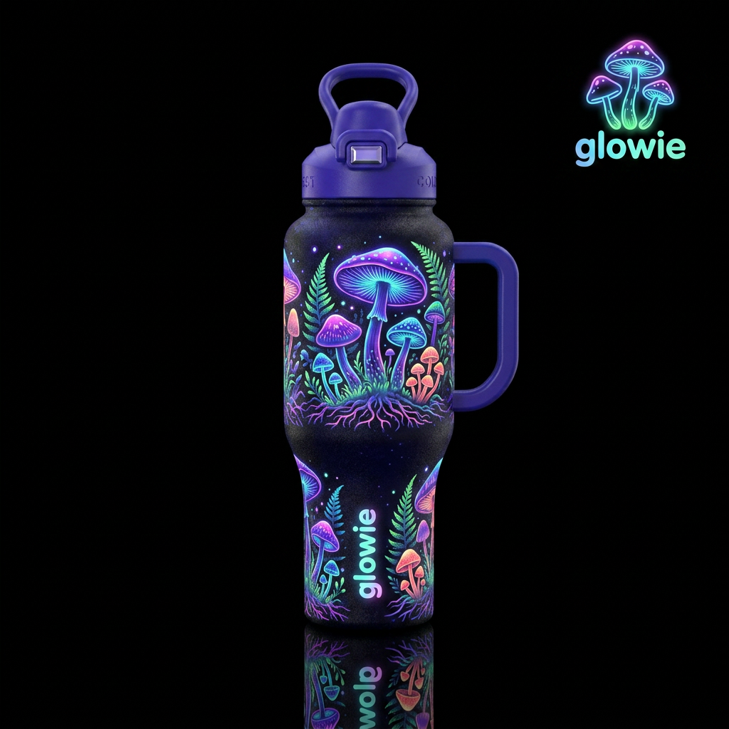 Mushrooms, beautiful,  Glowie, modern,  logo glowi... water bottle design