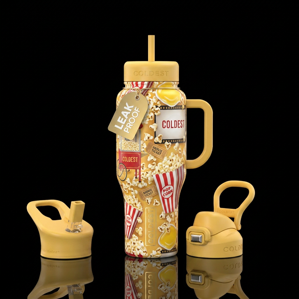 Popcorn, movie tickets, Buttery water bottle design