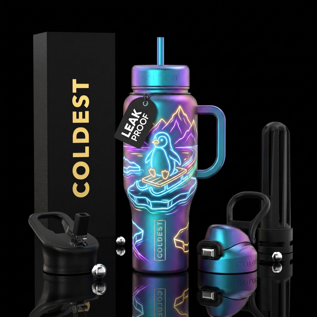 Multi glowy lines of a penguin and Mountain s on a... water bottle design