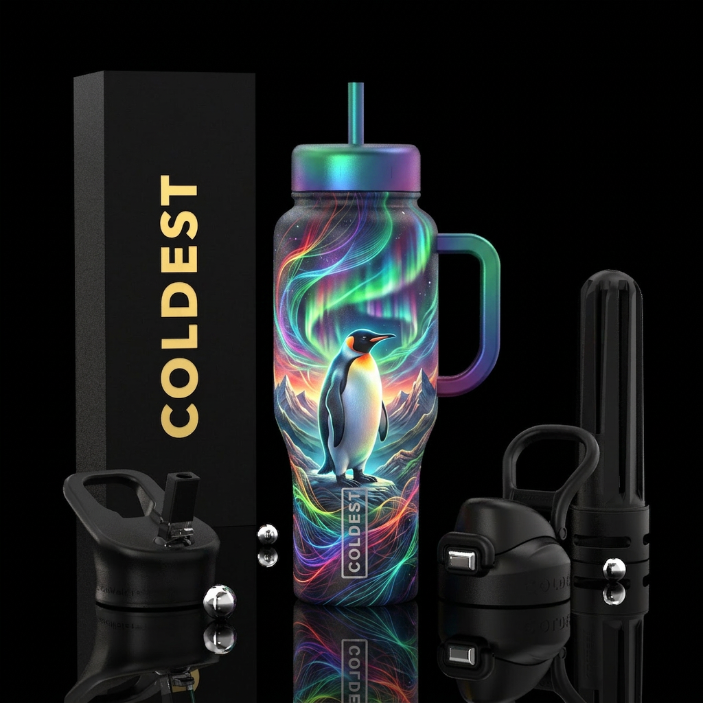 Multi colored glowie lines, realistic  penguin,  m... water bottle design
