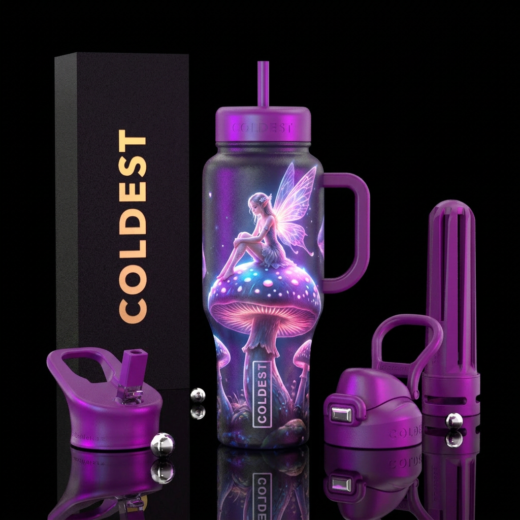Beautiful fairy sitting on a mushroom glowy, logo ... water bottle design
