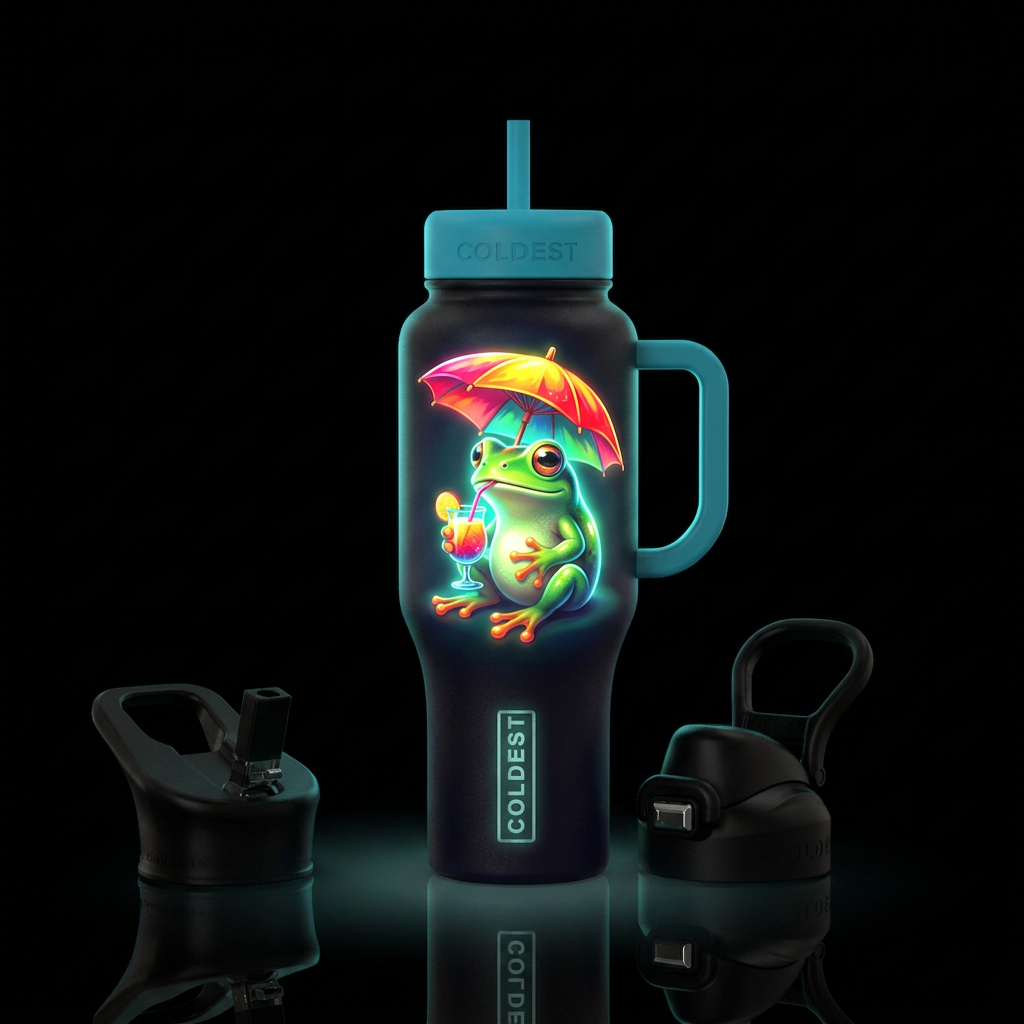 Glowy frog under umbrella drinking a drink water bottle design