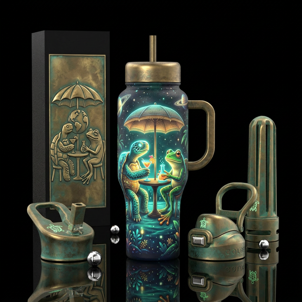 Beautiful turtle and frog sitting in the chair hav... water bottle design