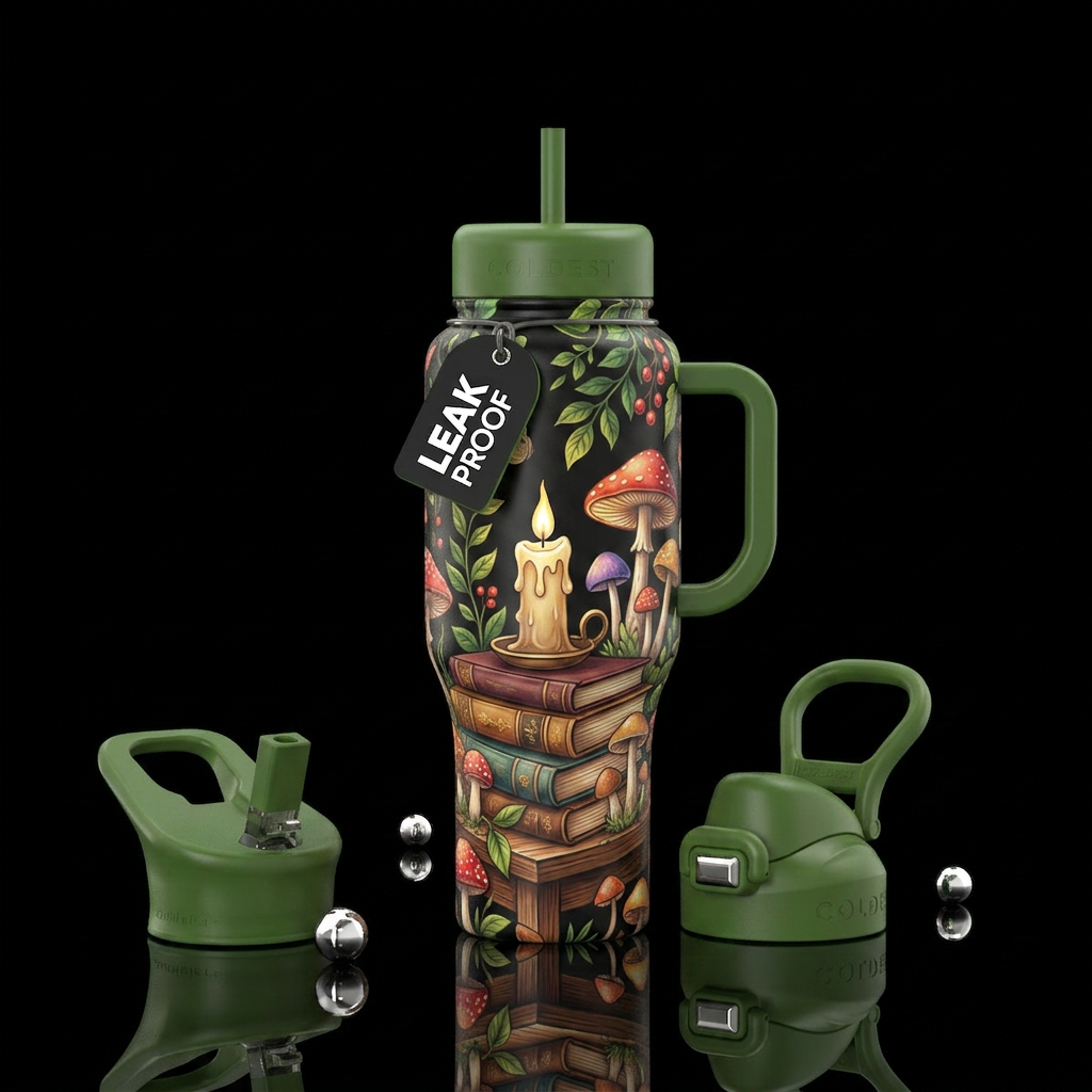 Books,table, candle & mushrooms, leaves water bottle design