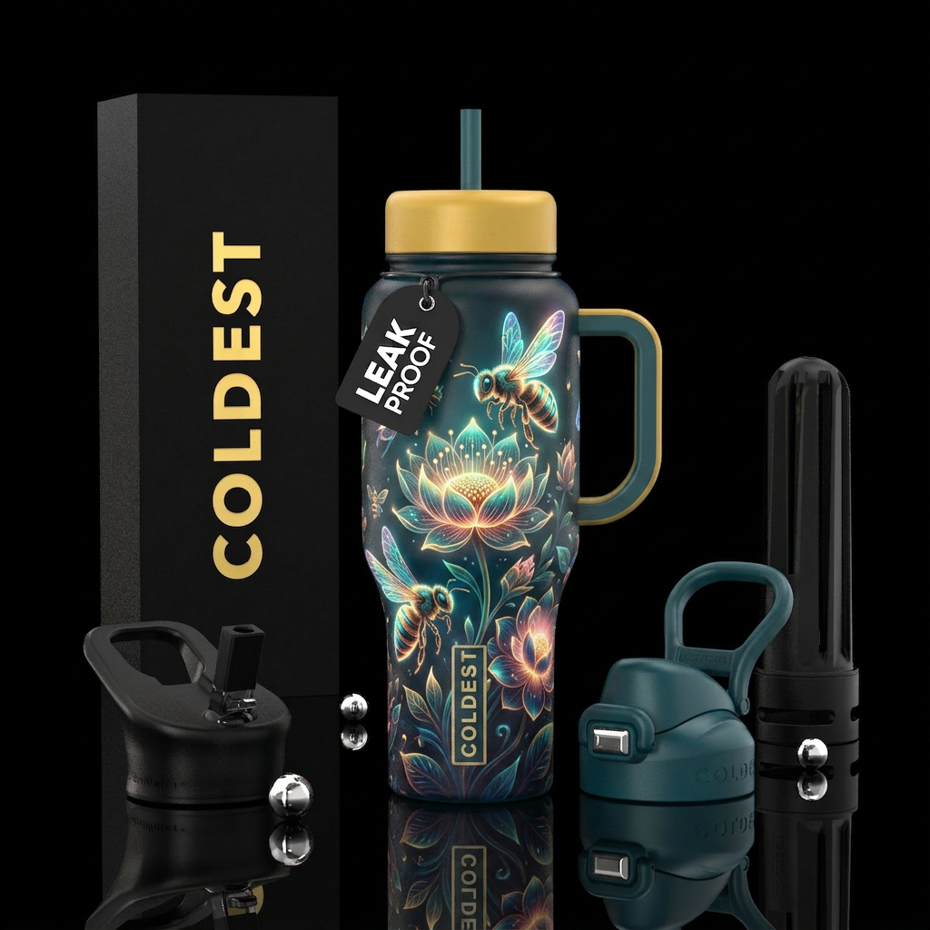 Bees, glowie, flower, moderm, Reflective water bottle design