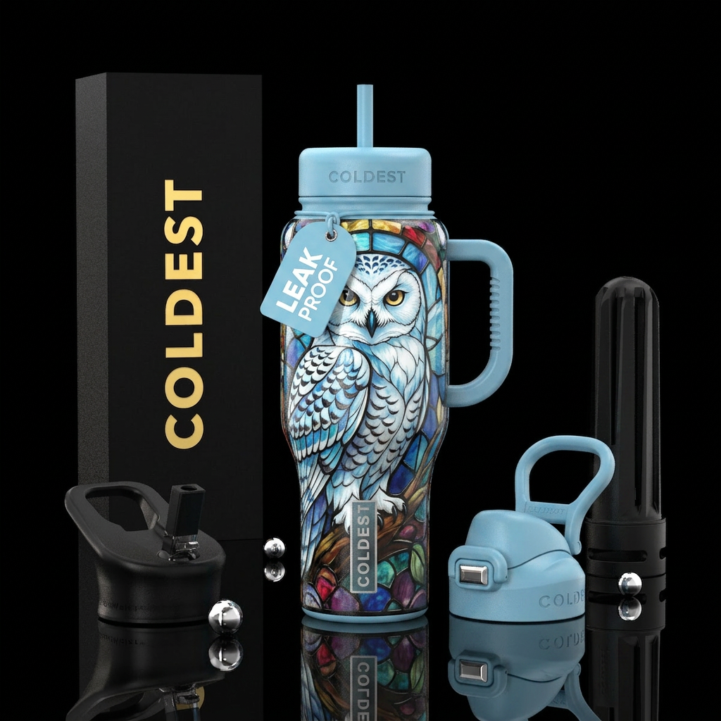 Snow owl, stainless glass, beautiful water bottle design