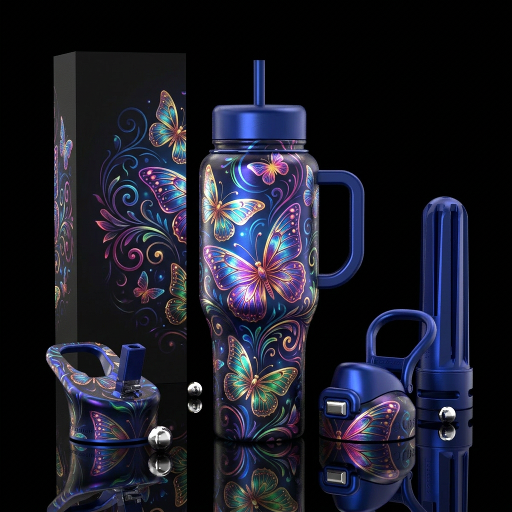 butterfly, swirls, modern, Reflection, beautiul, g... water bottle design