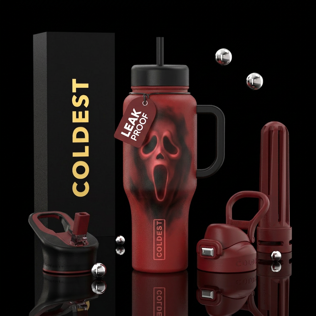Red, Ghost face,  dark, glowie, shadow water bottle design