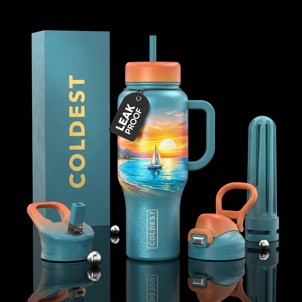 Sea color glimmery leather, beach, sailboat,  suns... water bottle design