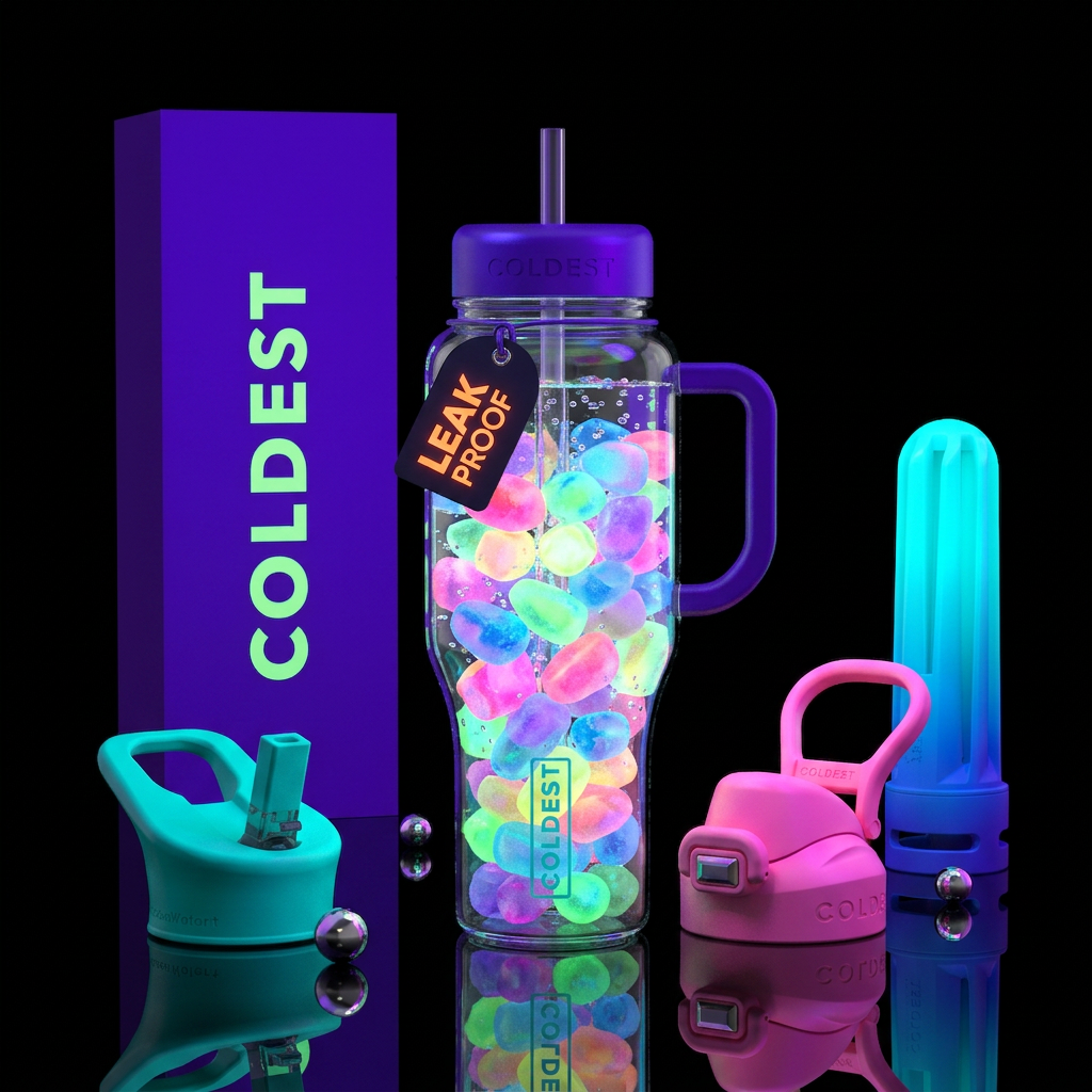 Clear glass bottle, Multi colored ice nuggets indi... water bottle design