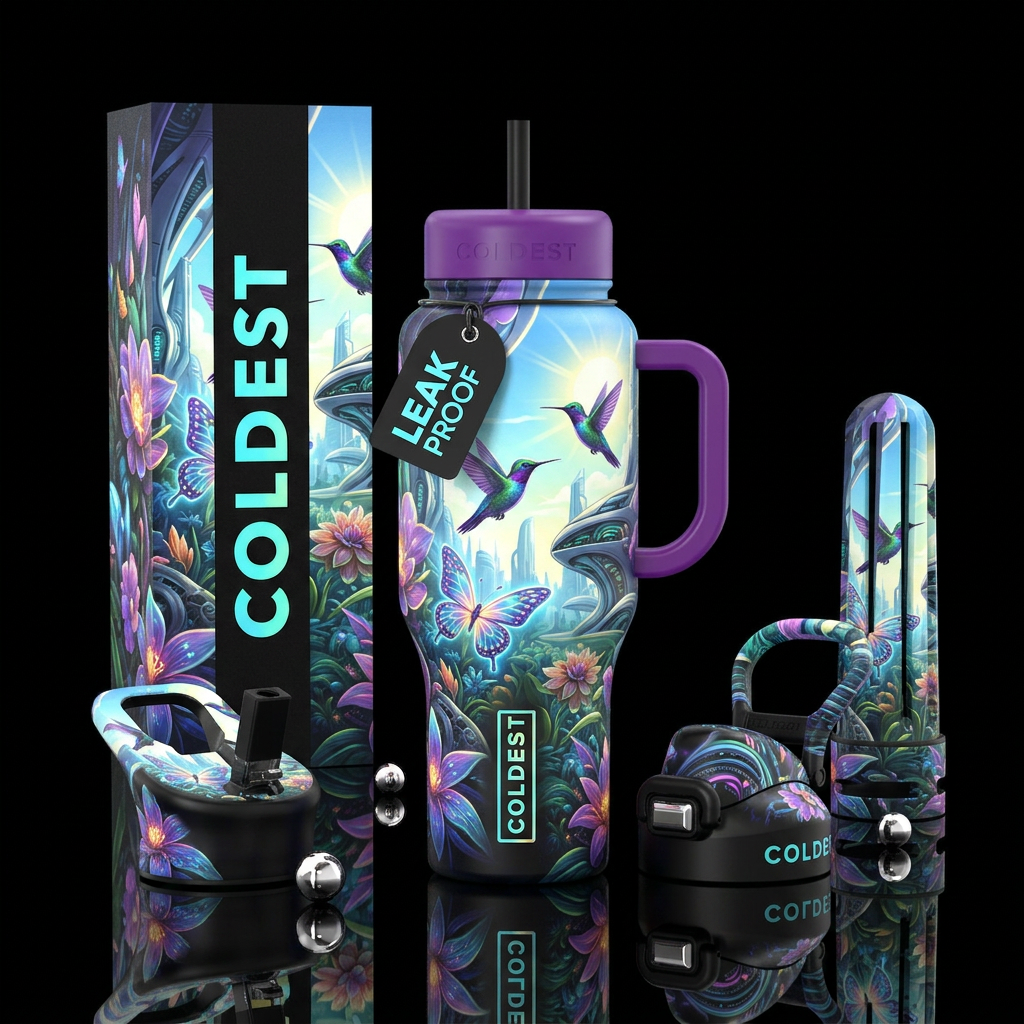beautiful sci fi scene with butterflies, hummingbi... water bottle design
