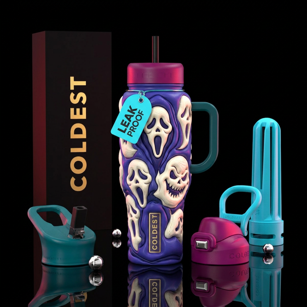 Ghost, Ghost face, textured, puffy, outward water bottle design