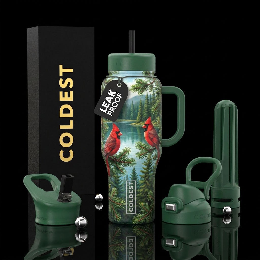 Piney tree with 2 red Cardinals, Lake view water bottle design