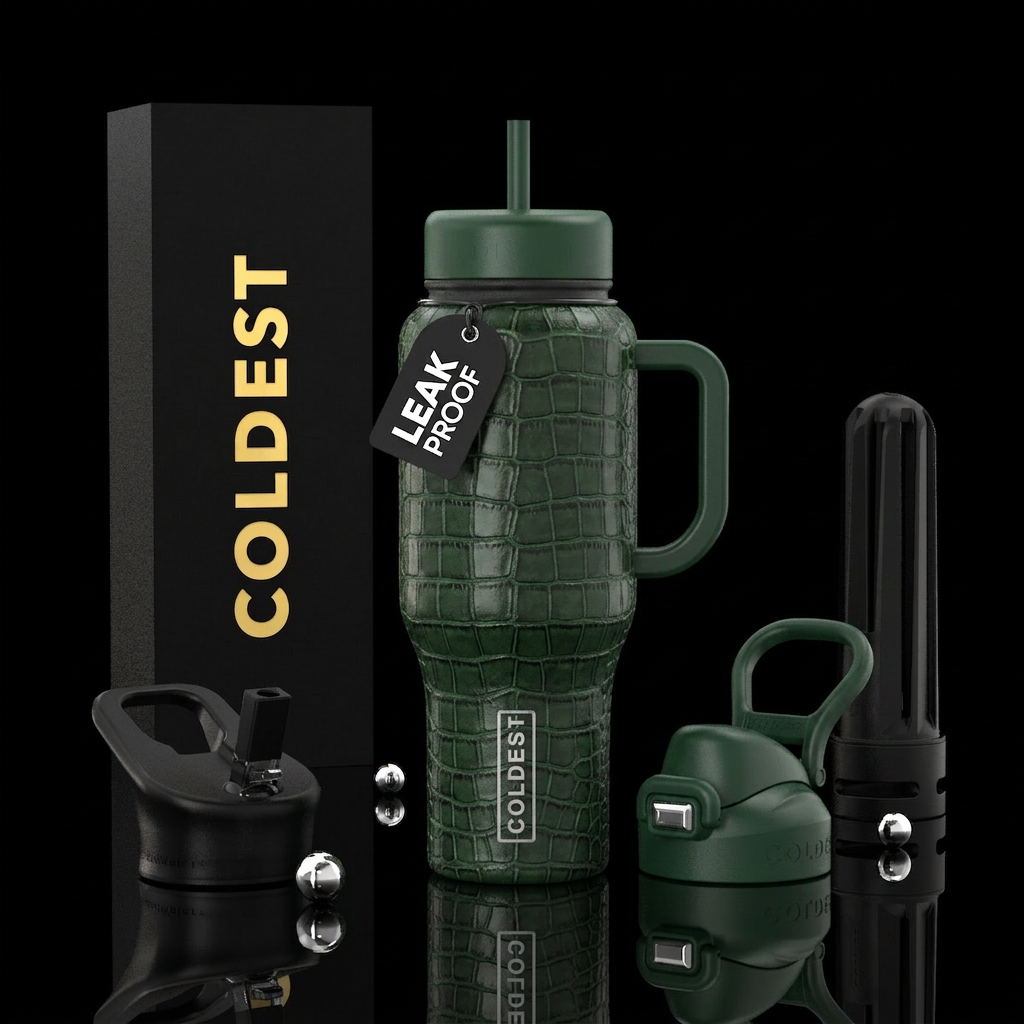 Deep green textured alligator skin water bottle design