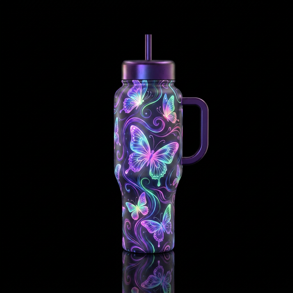 butterfly, swirls, modern, beautiul, glowie water bottle design