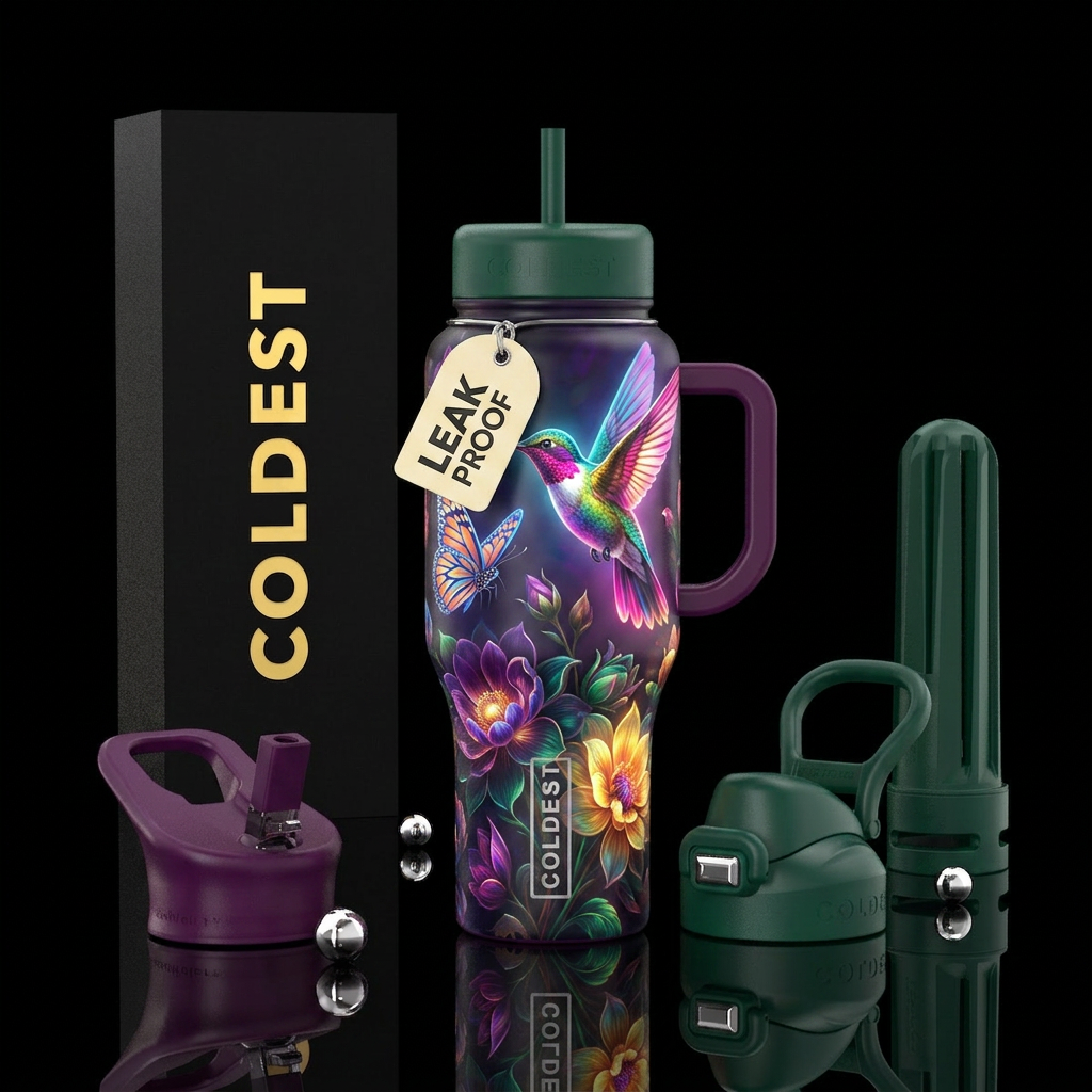 Hummingbird & butterfly, flowers, luminous beautiu... water bottle design