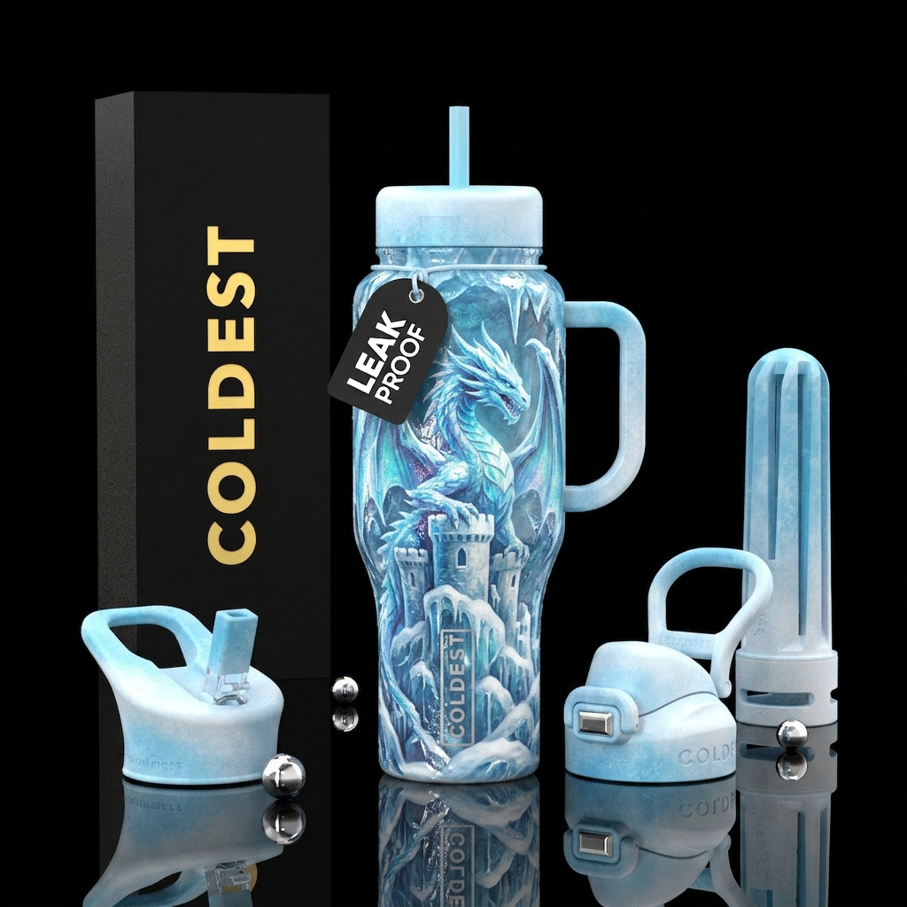 Ice castle dragon beautiful,  shiny water bottle design