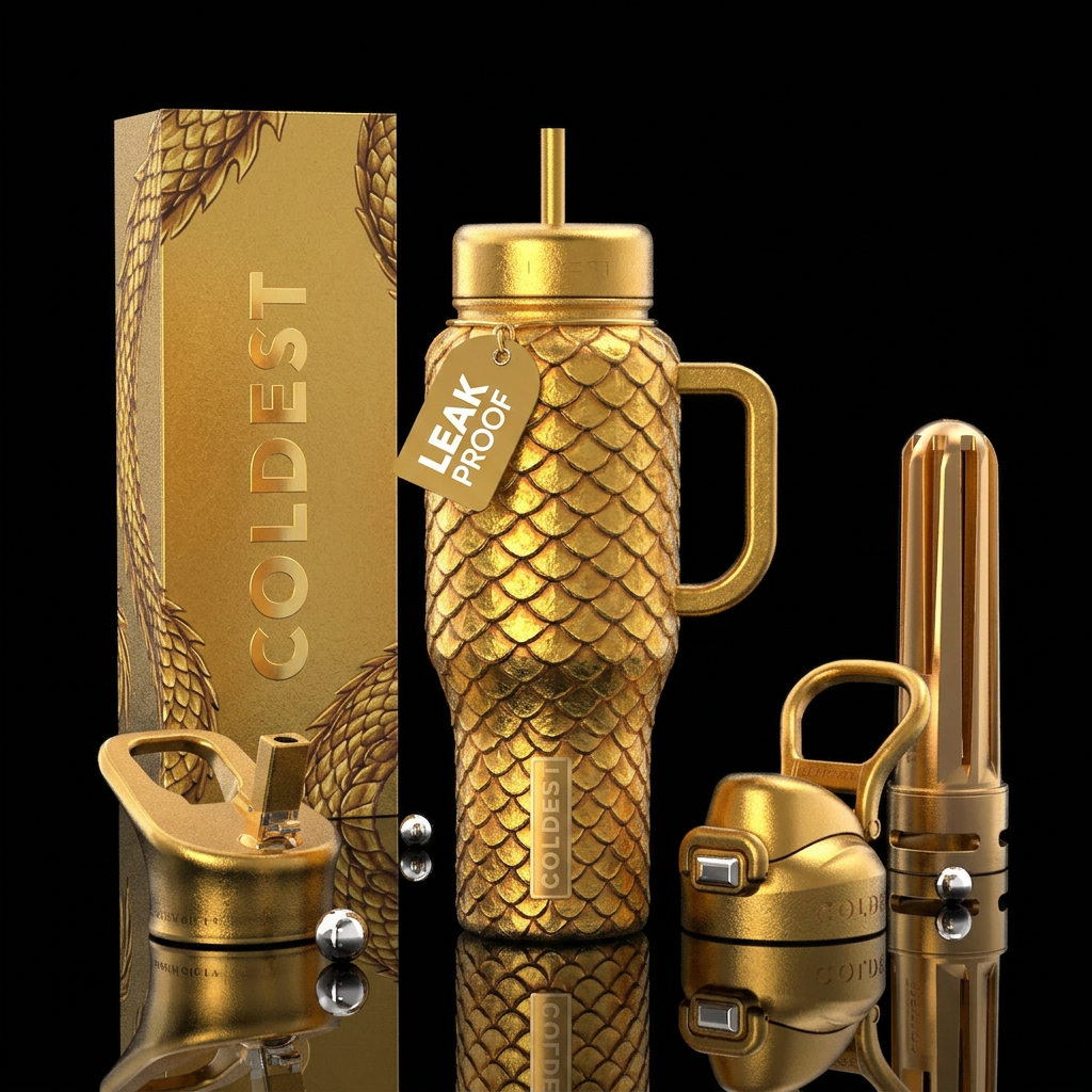 Gold Dragon scales on a golden bottle, Textured, b... water bottle design