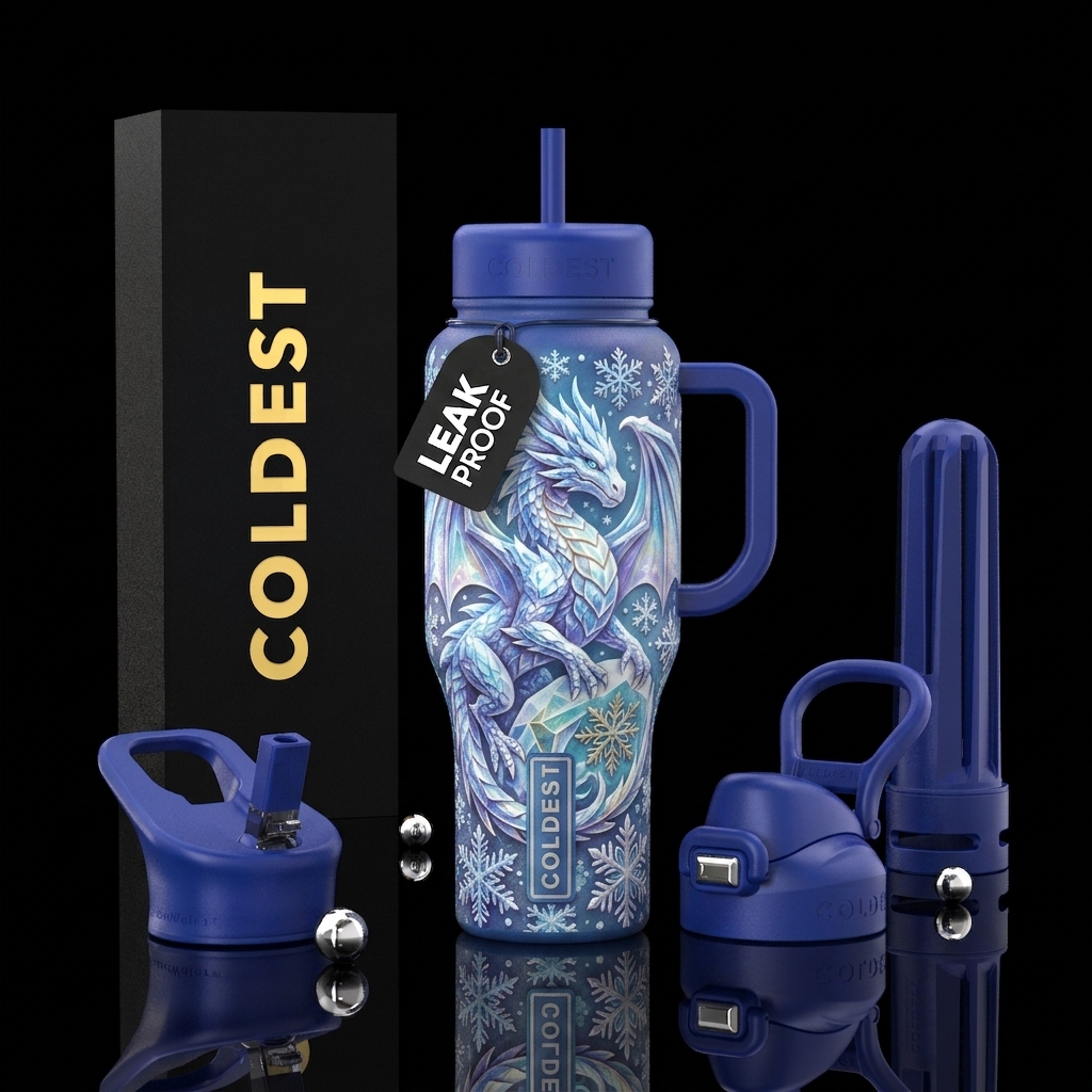 Snow dragon with snowflakes, water bottle design