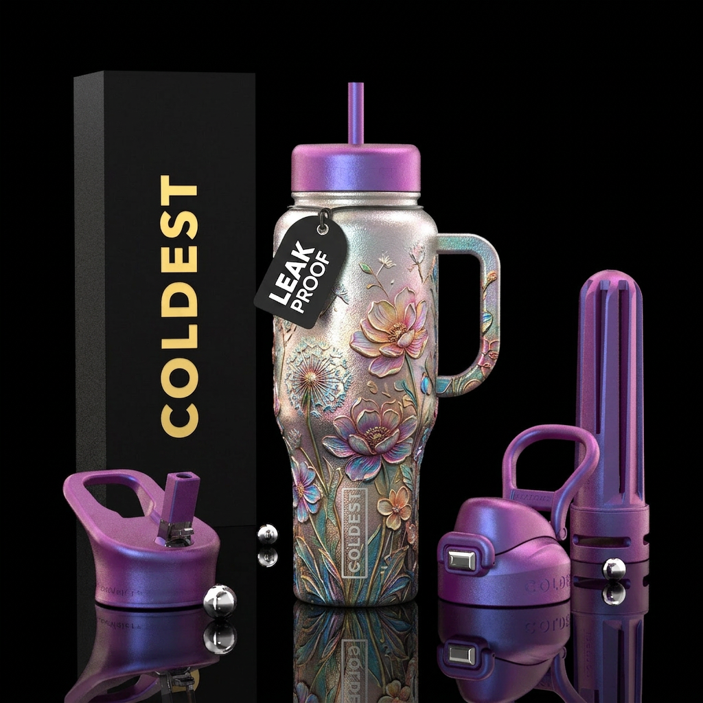 blossoms and dandelions,  textured, beautiful , sh... water bottle design
