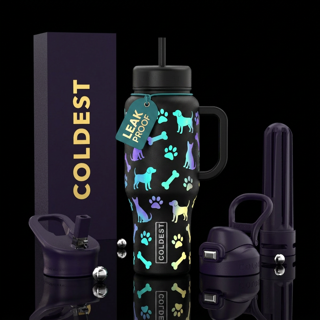 Glowie dogs, dog bones & paw prints,  fully textur... water bottle design