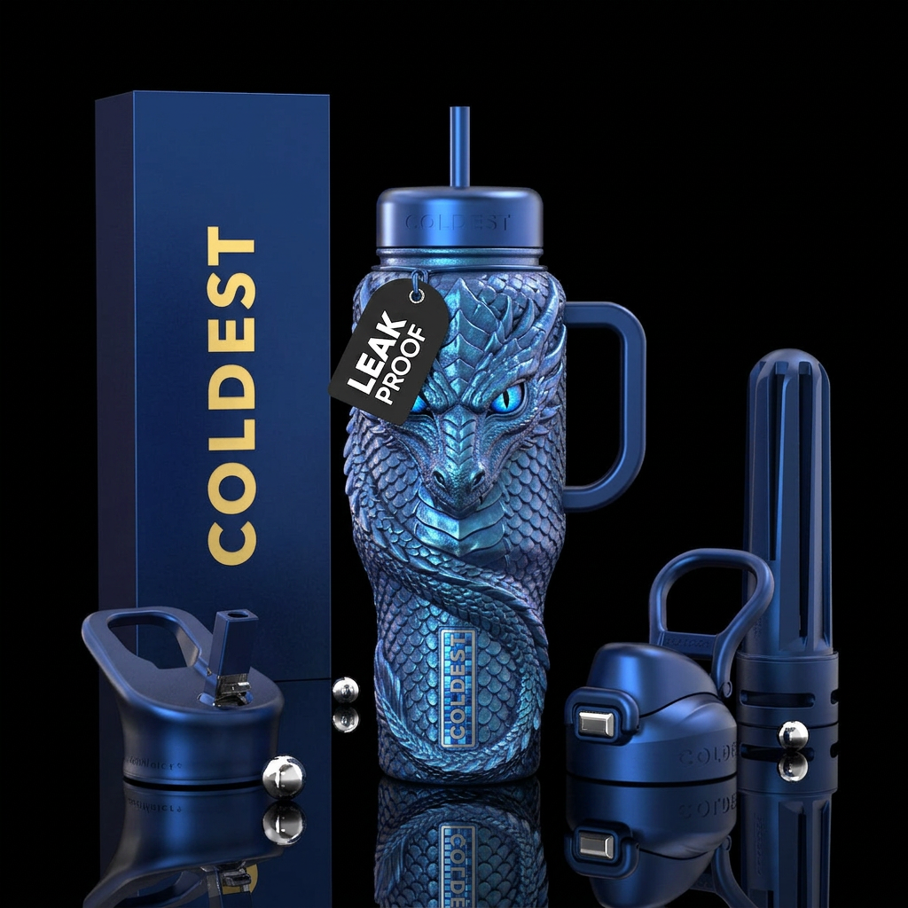 Metallic blue eyed dragon textured and beautiful water bottle design