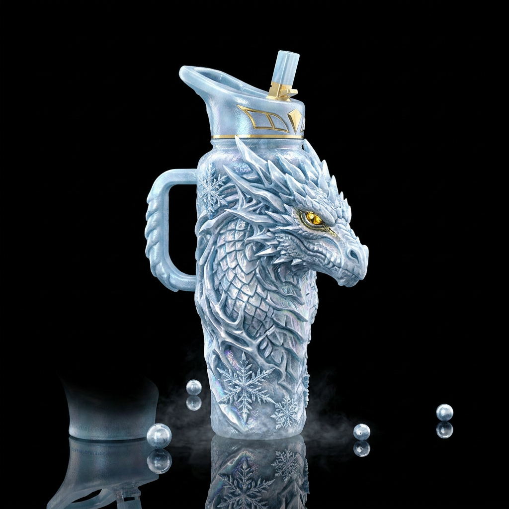 Ice dragon gold eyes, snowflakes, beautiful textur... water bottle design