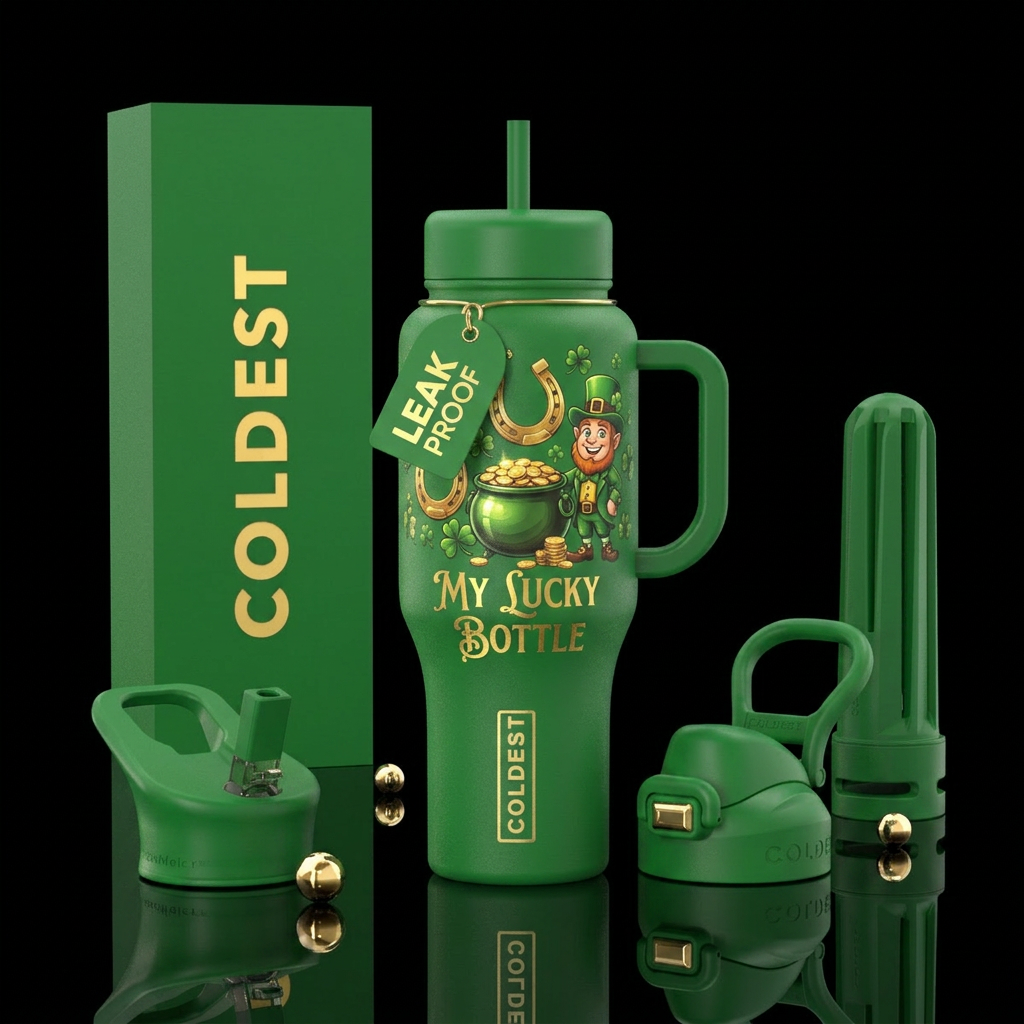 A green bottle leprechaun pot of gold horseshoes w... water bottle design