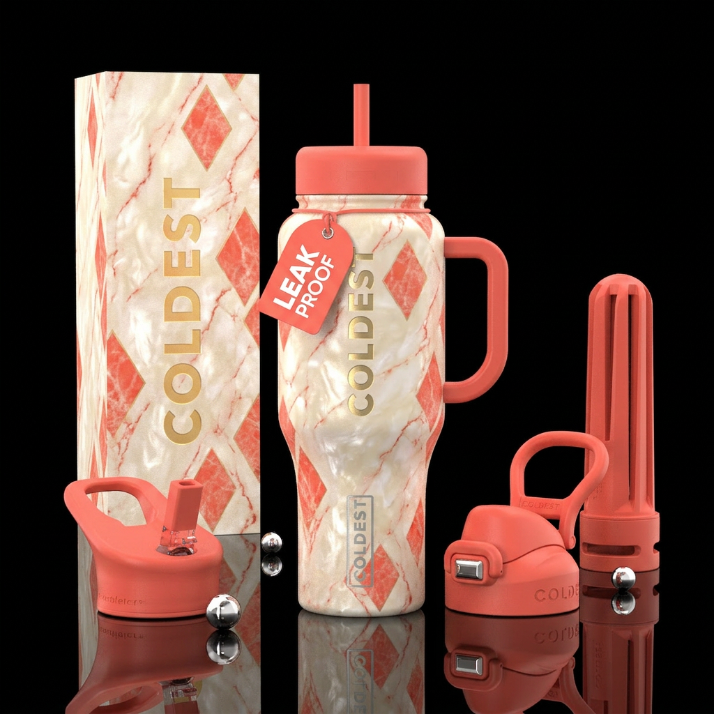 Pearly cream & corl diamond marble, textured,  bea... water bottle design