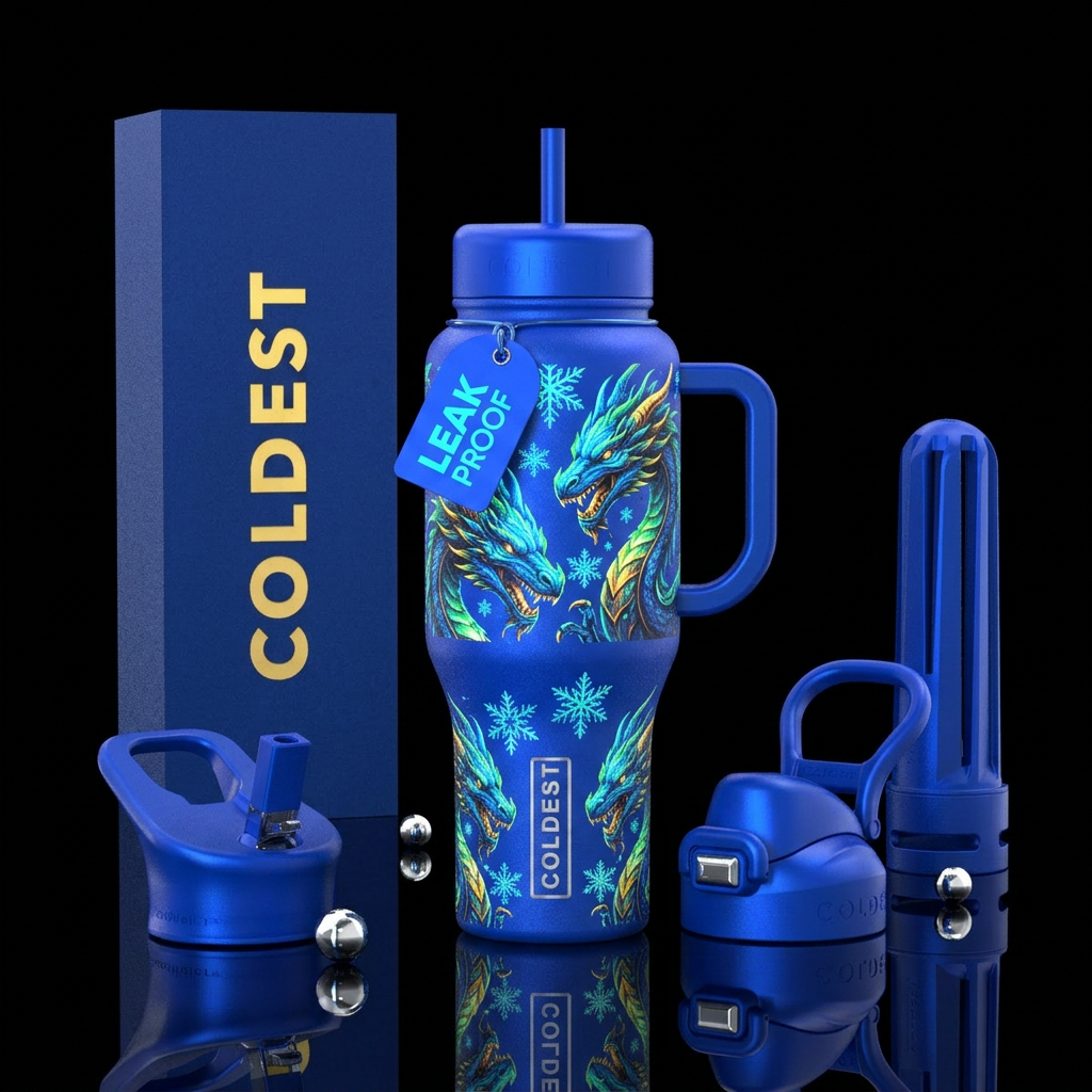 Dragon heads & snowflakes, glowie Vibrant  bright water bottle design