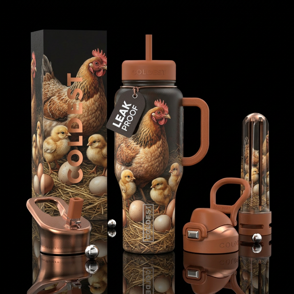 Chicken,  chicks & eggs on hay, textured water bottle design