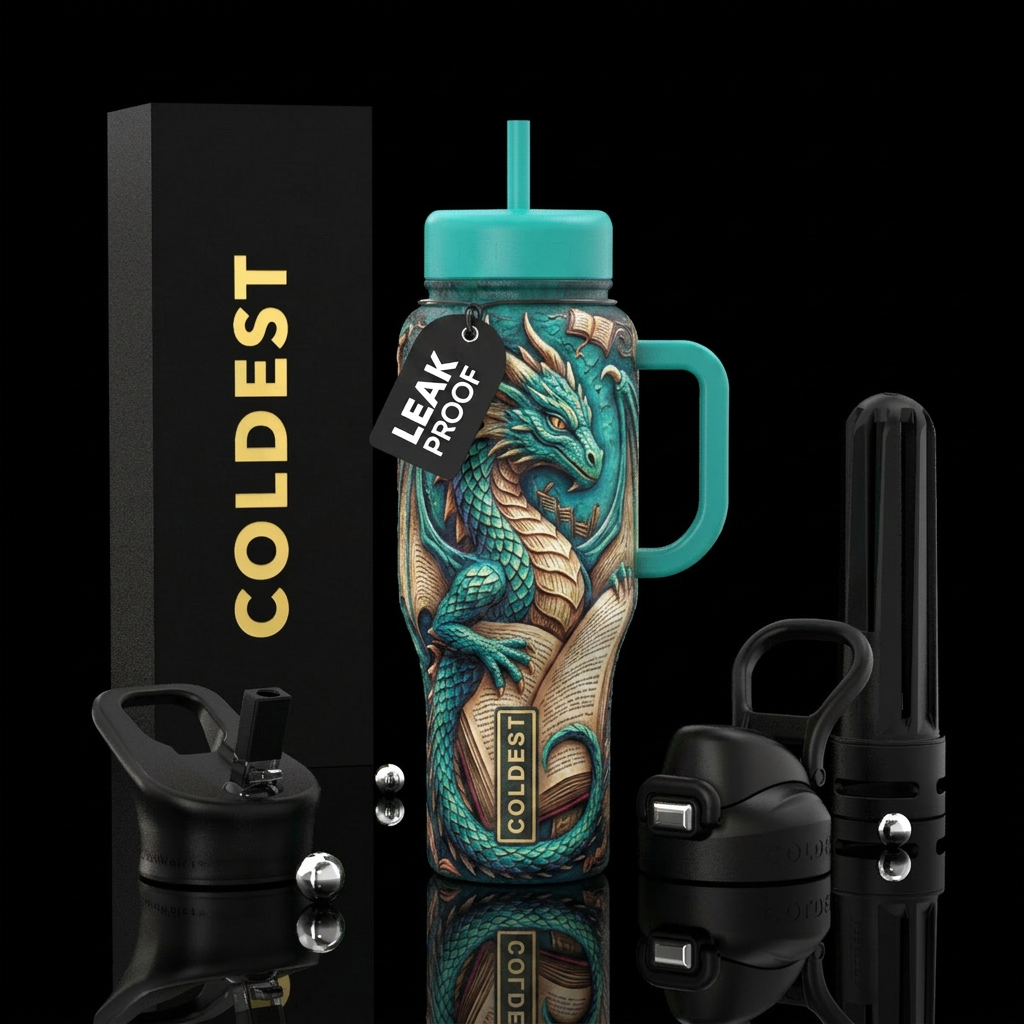 Book dragon textured highlighted water bottle design