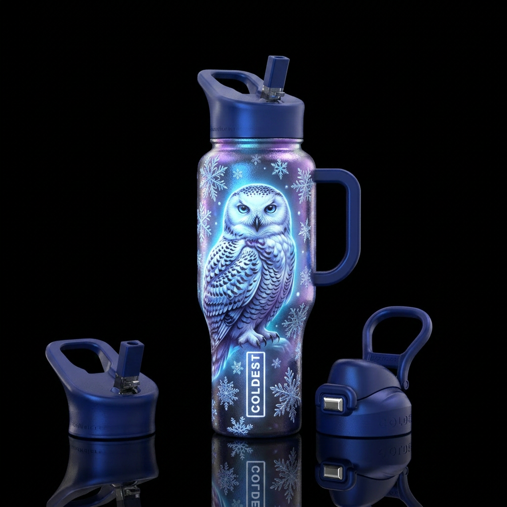 Snow owl & snowflakes,  Glowie, textured,  vibrant water bottle design