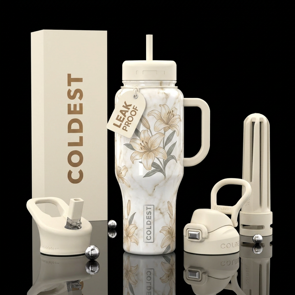 Milky white, Cream marble w/ beige lilies water bottle design