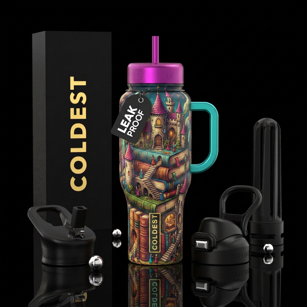 Book Castle textured. Vibrant water bottle design