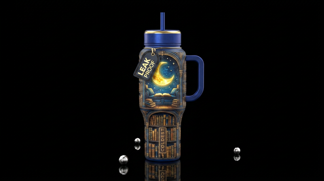 Moon over the library books, textured,  shiny vibr... water bottle design