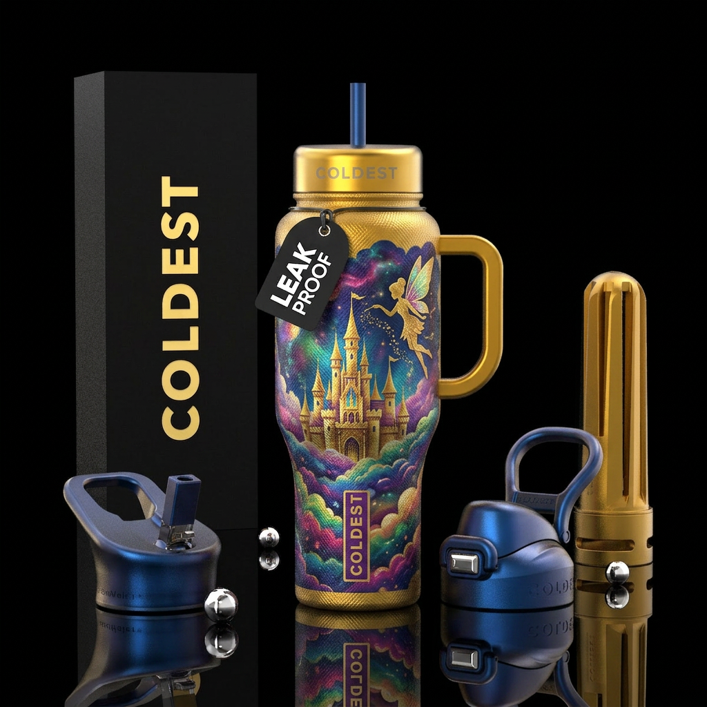 Gold dreams castle,  fairy,  vibrant,  textured water bottle design