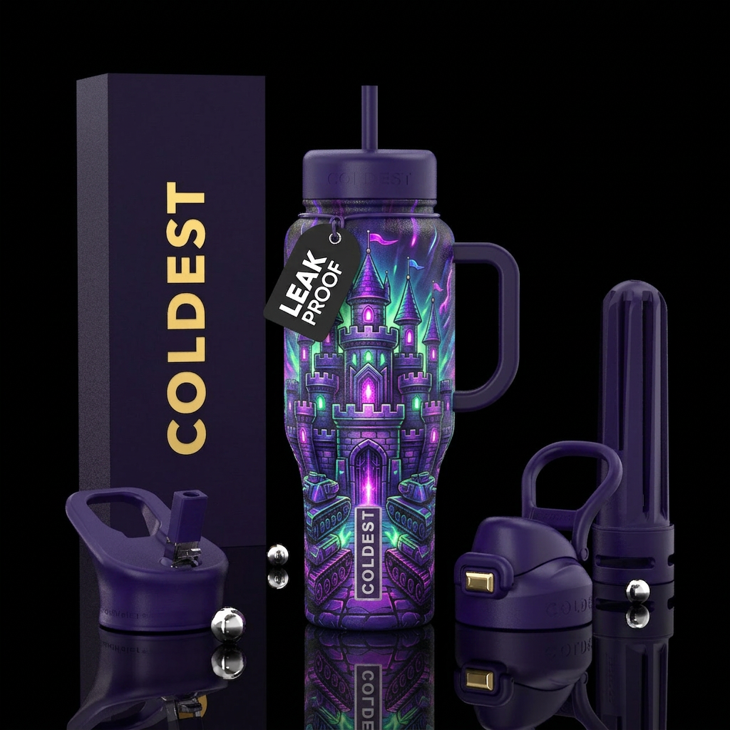Tank Castle, vibrant,  glowie, textured water bottle design