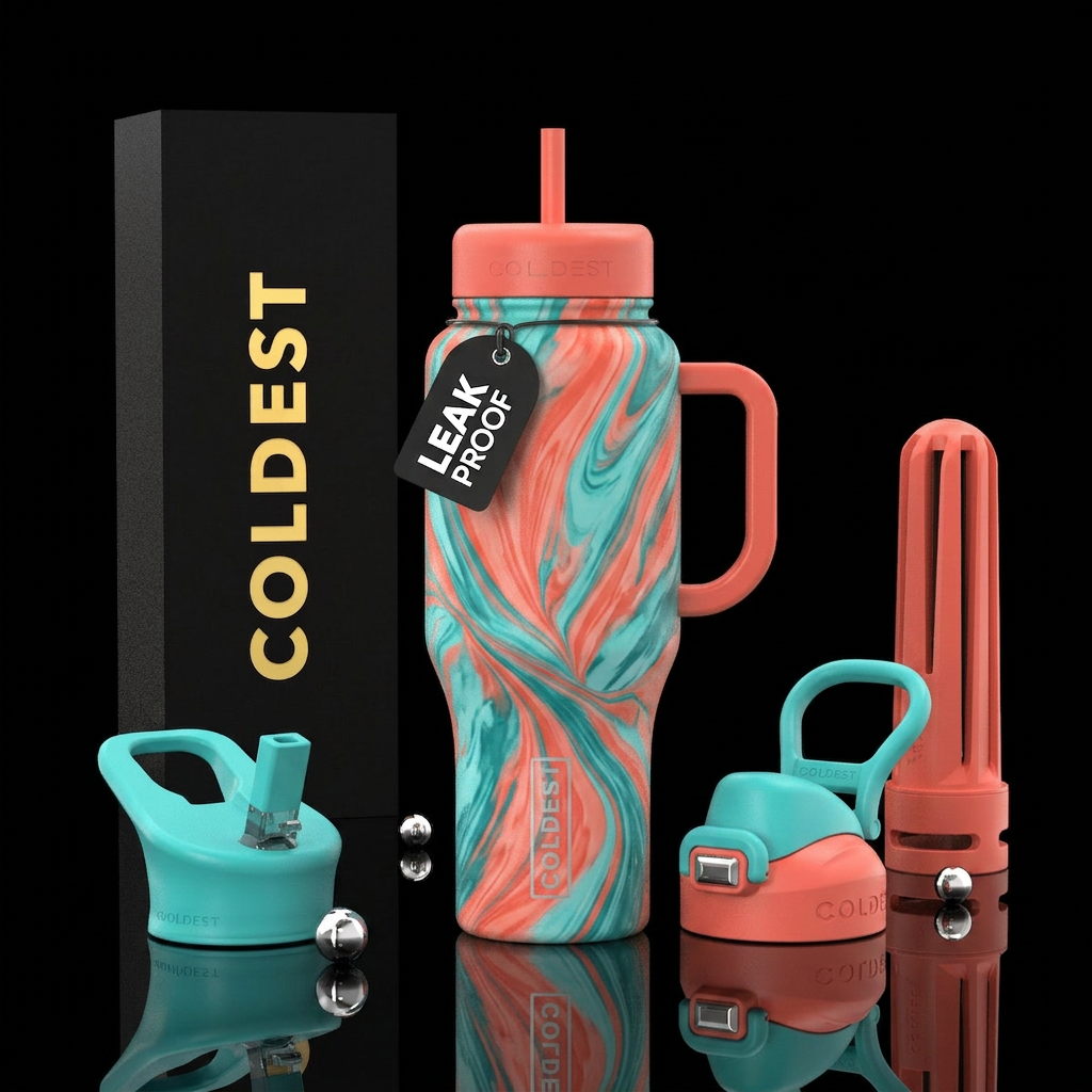 Coral & teal twisted marble water bottle design