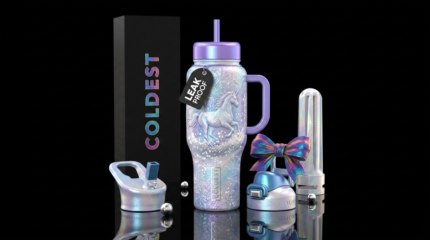 Snow unicorn, colored bow, beautiful textured shin... water bottle design