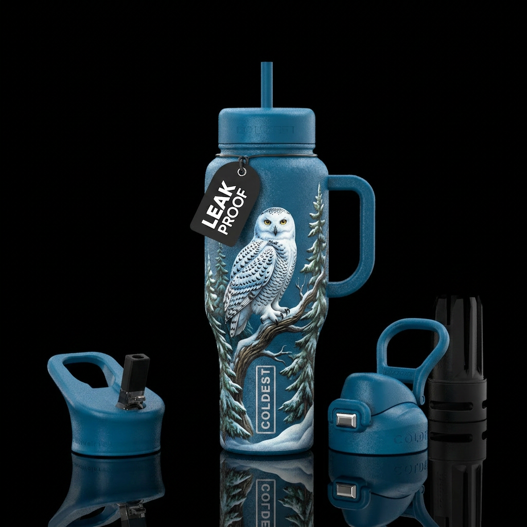 Snow owl pine tree, snow textured water bottle design
