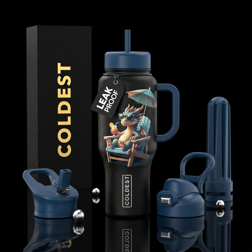 A dragon sitting in the chair w/ shades & umbrella... water bottle design
