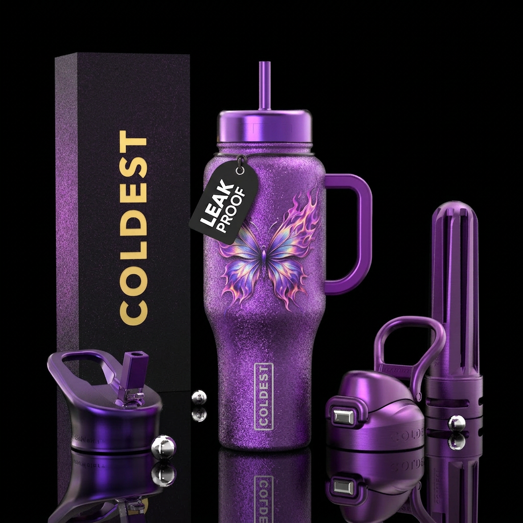 Purple shimmery bottle fire butterfly,  textured  ... water bottle design